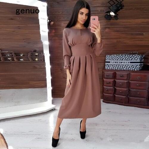 Women Vintage Hollow Out A-line Party Long Dress 2019 Autumn New Fashion Dress Long Sleeve O Neck Solid Elegant Casual Dress