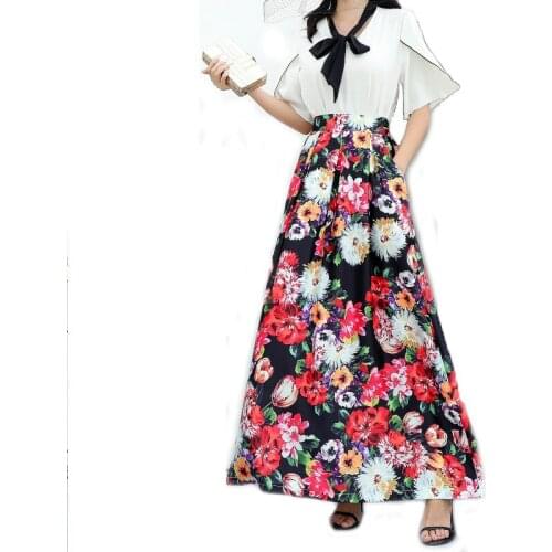 Women Autumn Maxi Printed Skirt New Female High Waist Pleated Streetwear Skirt Plus Size Big Hem Long Skirt with Pocket Clothing