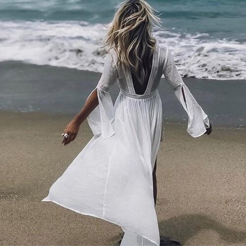 AYUALIN 2020 White Cover ups for women Tunic cotton lace sexy Backless see through Cover up dress Beach smock Swimwear coverup