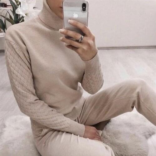 Turtle neck Knitted 2 pieces set Sweater Women Autumn Solid Color 2pcs Pullovers Sets Warm Elastic Casual Tracksuit