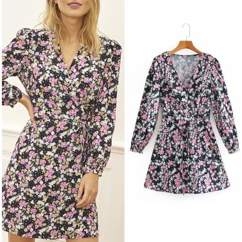 2021 Fashion Za Women Dress Sexy V-Neck Floral Print Mini Dress Long Sleeve Vintage Bow Sashes Elegant Vestidos Mujer