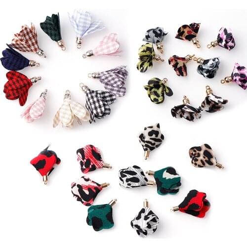 10pieces 4styles 29~42mm Leopard Plaid Cloth Art Flower Tassel Pendant Buckle Receptacle For Earring DIY Jewelry Findings Making