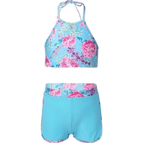 2021 Kids Girls Summer Swimwear Halter Neck Straps Self Tie Back Sleeveless Top and Shorts Set Children Beach Wear Swimming Suit