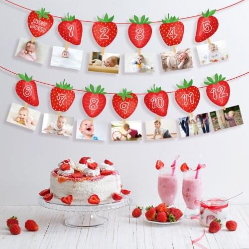 BA279 Sweet One Strawberry Birthday Party Theme Paper Hanging Banner Bunting Fruit Photo Display Banner for Baby Shower Party