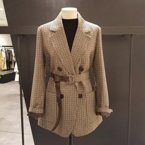 Vintage Double Breasted Office Ladies Plaid Blazer with belt Long Sleeve Houndstooth Suit Coat Jacket Women blazers Female