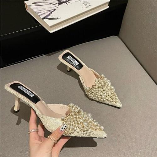 2021 Summer Ladies Leather Slippers Women Sexy High Heel Mules Clogs Pearl Pattern Black Slip on Sandals Shoes