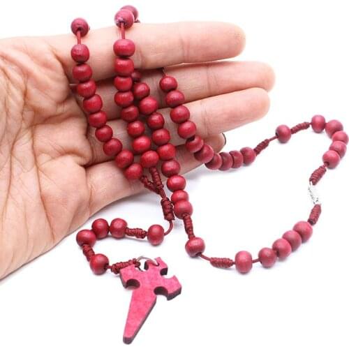 Jesus Wooden Prayer Beads 6mm Rosary Cross Necklace Pendant Woven Rope Chain Jewelry Accessories