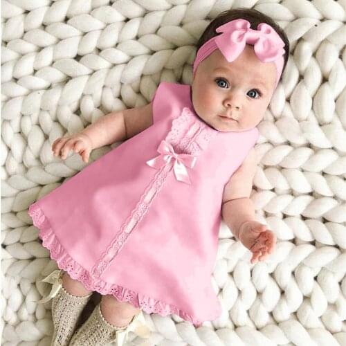 Baby Girl Clothes Infant New Born Girls Cute Dress Toddler Kids Summer Girls Lace Solid Color Sleeveless Cute Bow Dress Suit