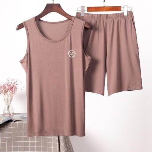 Mens Modal Pajamas Sex Hot Sleepwear Set Top Man Solid Pajama Set 2Piece/Suit Sleeveless Shorts Lingerie Casual Big Homewear