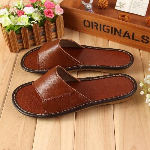Genuine Leather Couples Summer Indoor Slippers Cow Leather Anti-Slip Men&Women Home Shoes