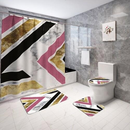 Geometric Pattern Bathroom Set Shower Carpet Rug Bath Mat and Shower Curtain Set Memory Foam Toilet Floor Mat Bath Foot Mat