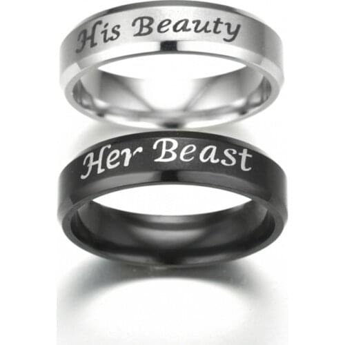 Her Beast His Beauty Couple Rings 6mm Black/Silver Color Stainless Steel Smooth Wedding Rings for Women Men Promise Jewelry