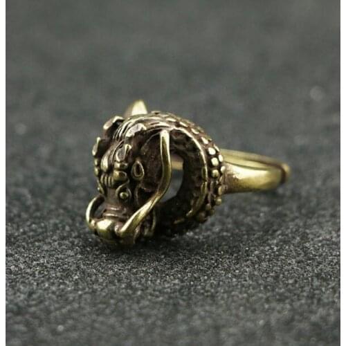 Collectable Chinese Pure Brass Carved Animal Zodiac Dragon Ring Exquisite Small Pendant Statues