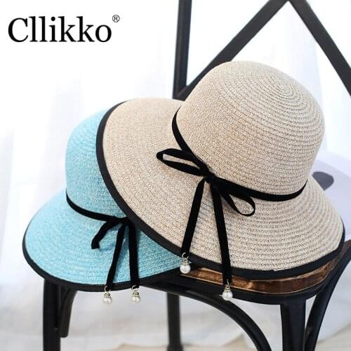 Cllikko fashion Summer Style Sun hat Beach hat Fedora hat Trilby Straw panama Hat women Pearl decoration cap Fit For Women