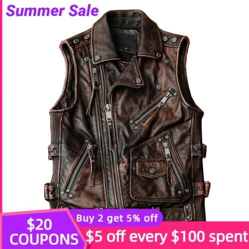 2021 Retro Brown Biker Style Genuine Leaher Vest Men Plus Size 4XL Real Natural Cowhide Spring Slim Fit Motorcycle Coat