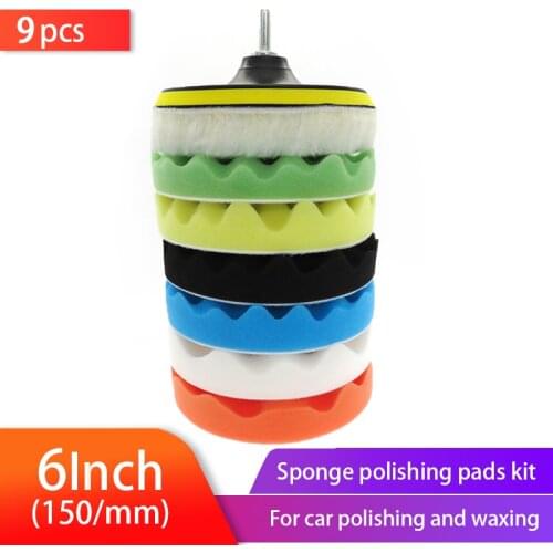9pcs 6Inch Buffer Sponge Pad Set Car Woolen Polishing Pad Kit Auto Buffing Waxing with M14 Drill Adaptor For Car Cleaning Tools