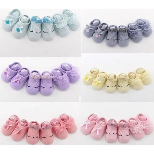 3 Pairs/Lot Newborn Baby Socks Lace Bowknet Cotton Anti-Slip Kids Floor Socks Bow Toddler Girl Socks Spring Summer Gift