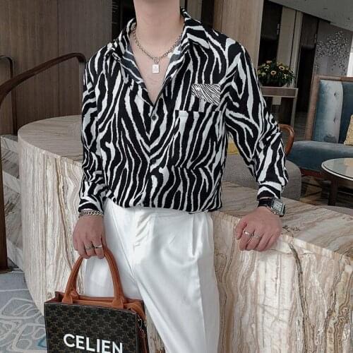 2021 Autumn New Style men shirt Long-Sleeved Polyester Spandex Shirt with Pocket, Zebra Pattern, and Turn-Down Collar M-2XL