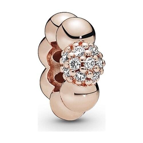 New Original Alloy Bead Polished & Pave Bead Spacer Charm Rose Clear CZ Fit Bracelet Bangle DIY Women Jewelry