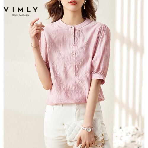 VIMLY Womens Blouse Shirts Summer Stand Collar Lantern Sleeve Vintage Button up Shirt Loose Solid Tops 2021 Women Blouses F7137