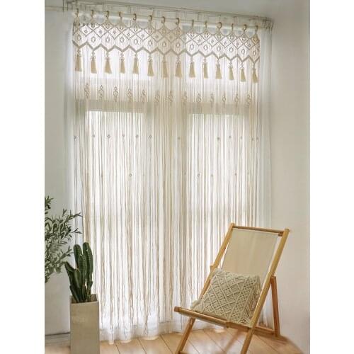Nordic Boho Style Curtains for Window Door Hand Konnted Window Curtain Living Room Tassel Door Screen with Wood Ring Home Decor