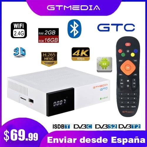 GTmedia GTC Satellite Receiver Android TV BOX, DVB-S2 T2 Cable 4K 3D Bluetooth 4.0 Amlogic S905D 2GB 16GB, Set Top Box Spain