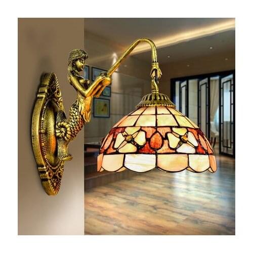 Vintage Retro Loft Tiffany Style LED E27 Mermaid Metal Rack with Shell Shade Wall Lamp Tiffanylampe for Home Corridor Bedroom