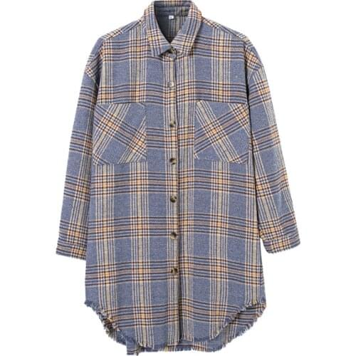 Nice Vintage Woman Oversized Purple Plaid Shirt Coat New Vogue Ladies Autumn Loose Long Sleeve Outerwear Female Chic Blouse