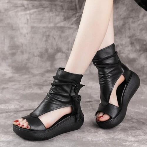 Miaoguan Women Summer Sandals Mid Heels Wedges Shoes Ladies Vintage PU Leather Plus Size Sandalias Mujer Sapato Feminino 2021