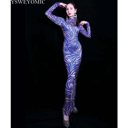 New Style Blue Rhinestone Flower Pattern Long Dress Birthday Prom Party Outfit Evening Women Dancer Singer Vintage Bodycon Dress