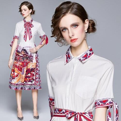 Fashion Womens College Style Sweet Dress Retro Print Bow Tie Bow Tie Crinkle A Swing