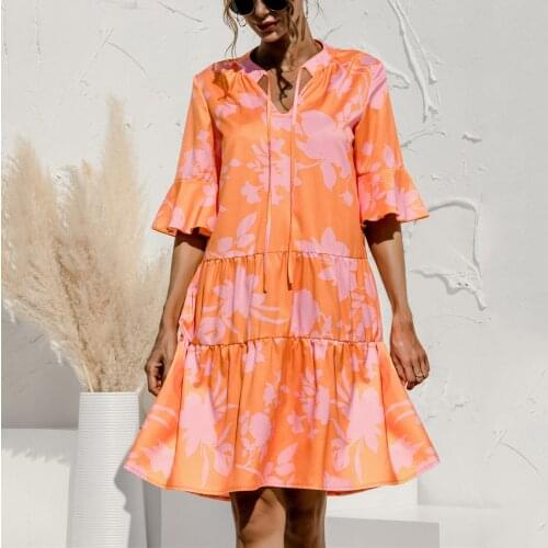 Summer Cake Stitching Dress Womens Floral Printing V-neck Flared Sleeve Cake Stitching Dress Summer Loose Mini Dress Female