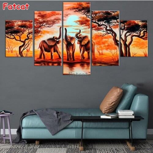 5 piece diamond embroidery Elephant Animal mosaic diamond paintings square/round drill stitch cross Africa Wild Scenery PP1934