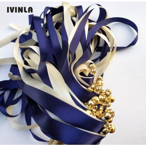 50pcs/lot navy and cream wedding ribbon sticks With gold Bells for wedding decoration