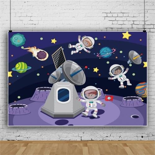 Laeacco Baby Cartoon Spaceship Astronaut Planet Customized Birthday Party Photozone Photo Background Photographic Backdrops