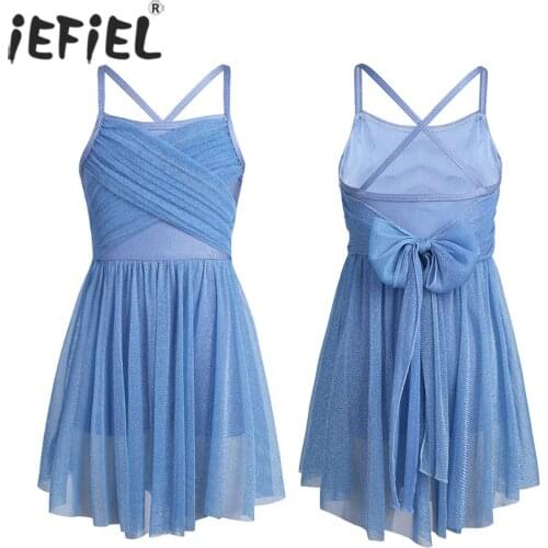 Kids Girls Glittery Mesh Spaghetti Shoulder Straps Ballet Latin Dance Gymnastics Leotard Dance Dress for Costume Birthday Party