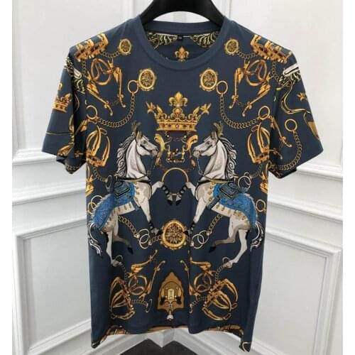 Europe style mens summer high quality diamonds casusal t-shirts chic retro print Tee tops B718