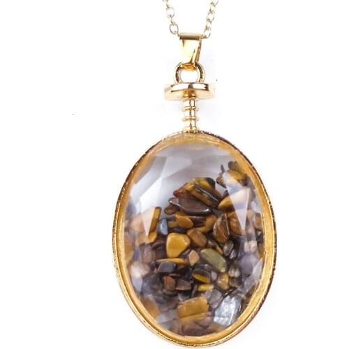 FYSL Light Yellow Gold Color Oval Shape Tiger Eye Stone Pendant Link Chain Necklace Wish Bottle Jewelry