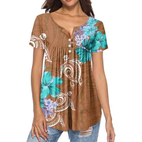 HYCOOL Hawaiian Polynesian Tribal Hibiscus Design Women Short Sleeve Pleated Buckle Shirt Ladies Custom Loose Tops Women 2021