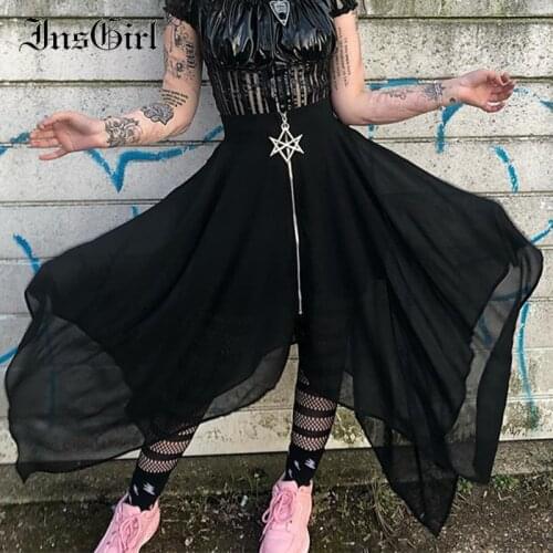 InsGirl Dark Black Irregular Skirts Women Pentagram Zipper High Waist Loose Skirt Goth Punk Streetwear Casual Retro Skirt Female