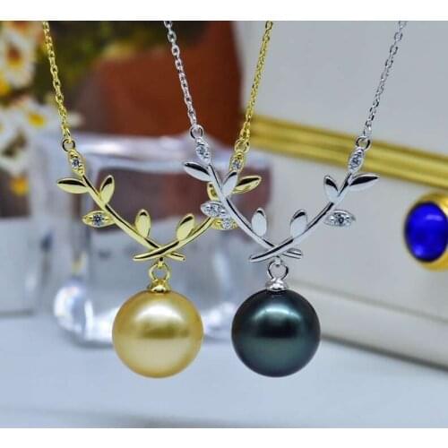 S925 Silver Leaf Shape Pearl Necklace Chain with Pendant Mountings Necklace Findings Jewelry Parts Fittings Accessories
