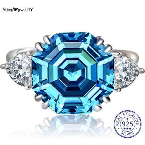 Shipei Cocktail Ring 100% 925 Sterling Silver 6.2ct Accher Cut Created Aquamarine Moissanite Engagement Wedding Rings for Women