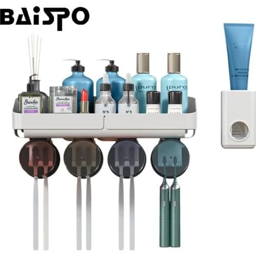 BAISPO Wall-Mounted Toothbrush Holder Punch-Free Toothpaste Dispenser Waterproof Bathroom Organizer Toilet Bathroom Accessories