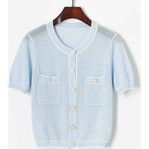 Hollow Out Striped Short Sleeve Knit Cardigan for Women 2021 Fashion All-match Summer Sweaters Elegant Office Lady Female Tops