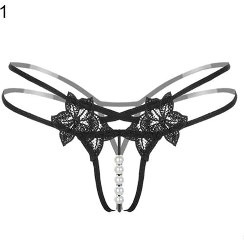 Sexy G-String Floral Lace Strap Thong Imitation Pearl Women Honeymoon Underwear Ladies' Seamless Underpant Low Waist Thong