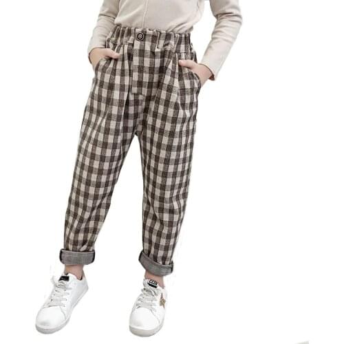 Teenage Girls Plaid Pants Spring Autumn Fashion Casual Loose Retro Kids Harem Pants School Children Trousers 6 8 10 12 14 Years