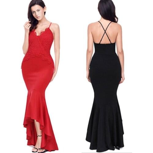 Sexy Red Lace Night Dress Women Black Strap Backless Split Long Dress For Ladies Fall 2020 Autumn Fashion Club Party Dresses