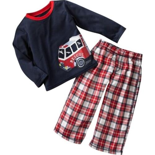 Rescue Children Clothing Tracksuits Long Sleeve T-Shirts Grid Trouser Fashion Boys Clothes Set 100% Cotton Kids Tee Shirts Pants