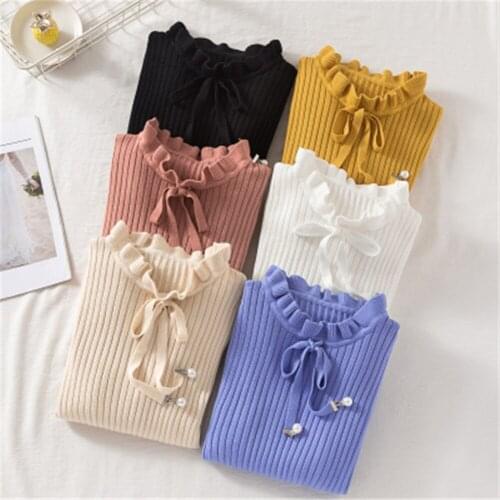 Autumn Winter Girls Female Ladies Basic Sweater Bow-Knot Turtleneck Sweater Women Pullover Knitted Jumper Long Sleeve Pull Femme