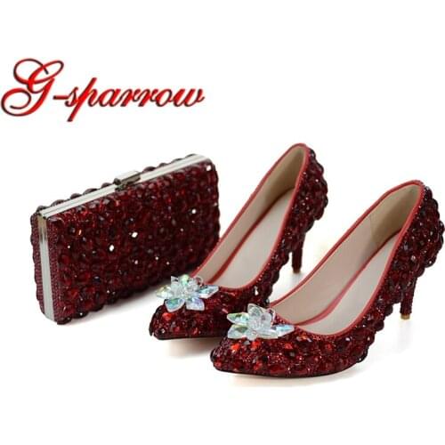 Red Wine Color Wedding Party Shoes LUxurious Rhinestone Bridesmaid Shoes with Matching Bag Pointed Toe Cinderella Prom Heels 8cm